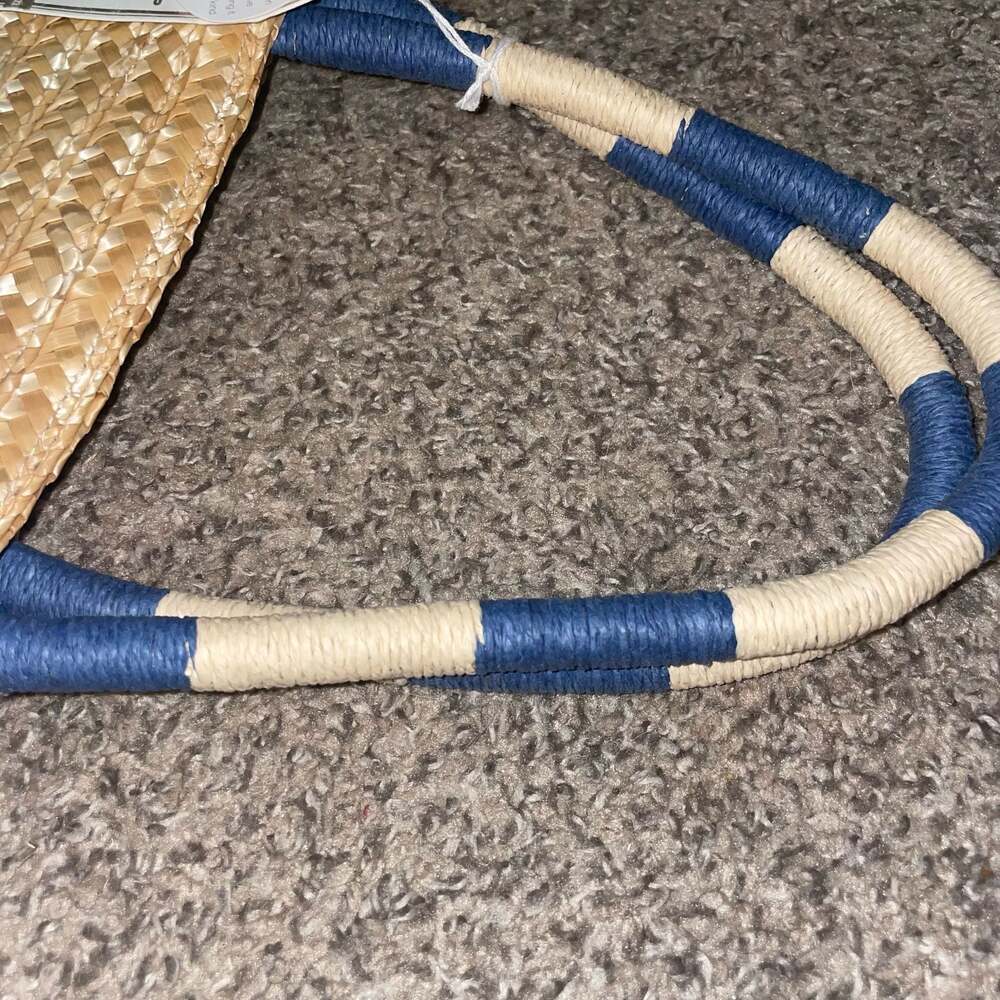 Mud Pie Navy Beach Straw Tote Bag with Pom Pom - Picture 6 of 6